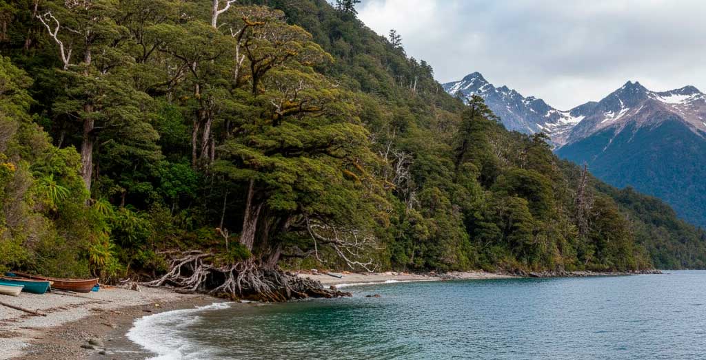 Playa Muñoz con bosque coihues en Lago Gutierrez 